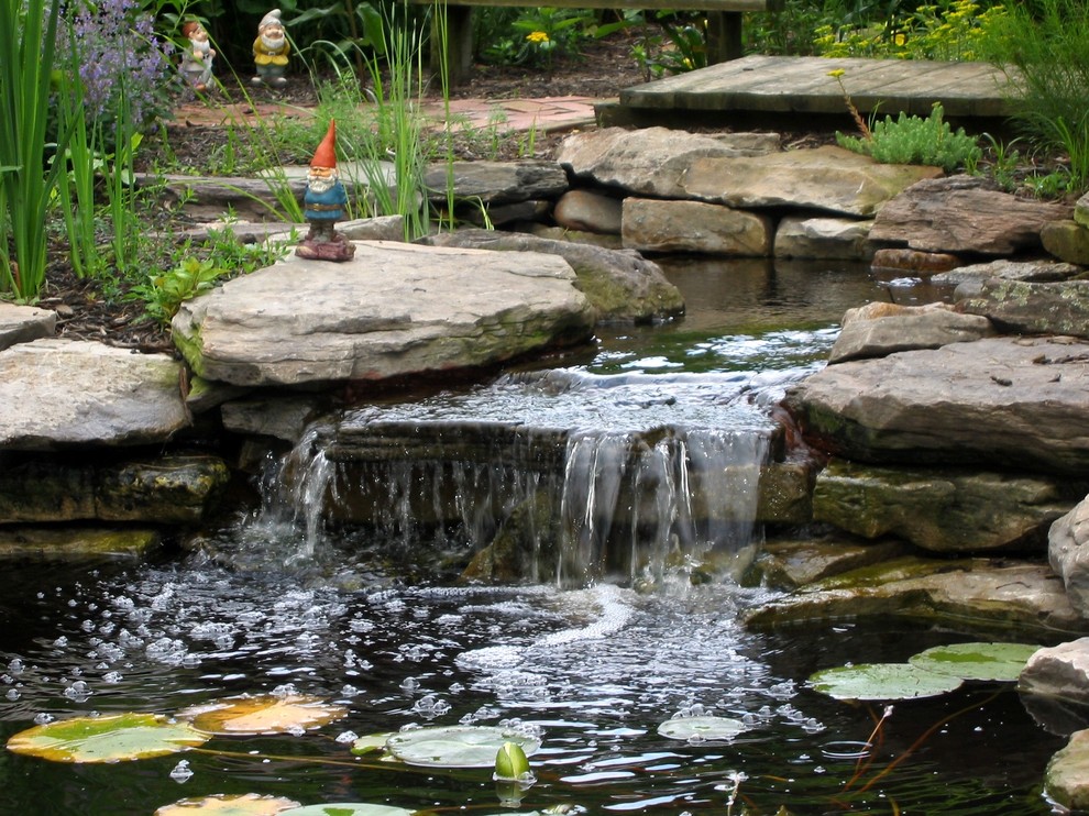 Exempel på en eklektisk trädgård, med en fontän