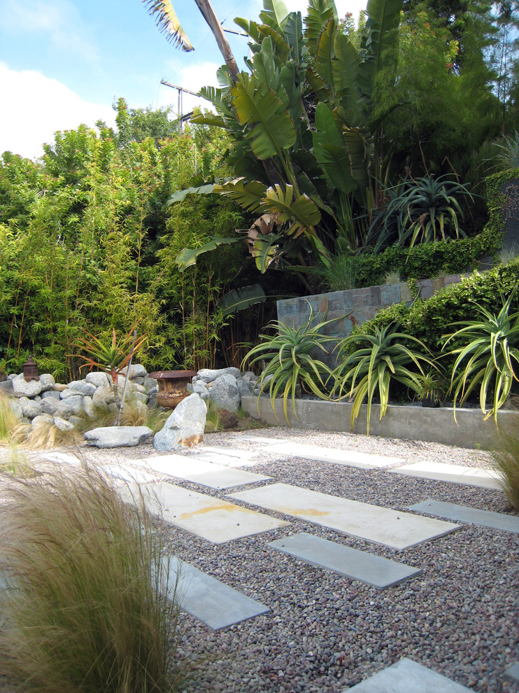 Foto de jardín de secano moderno de tamaño medio en patio trasero con exposición parcial al sol y gravilla