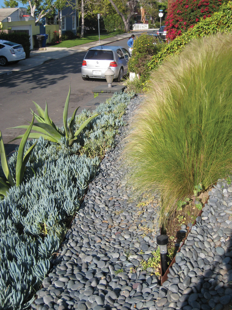 Esempio di un giardino xeriscape minimalista esposto in pieno sole di medie dimensioni in primavera con un pendio, una collina o una riva e ghiaia