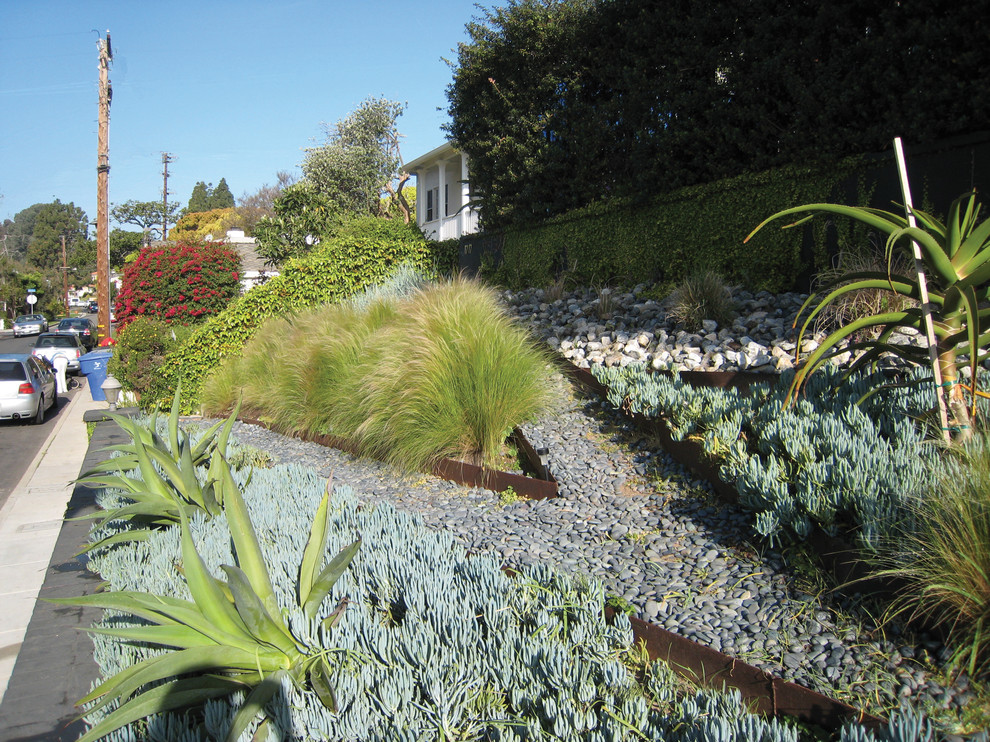 Immagine di un giardino moderno esposto in pieno sole di medie dimensioni in primavera con un ingresso o sentiero, un pendio, una collina o una riva e ghiaia