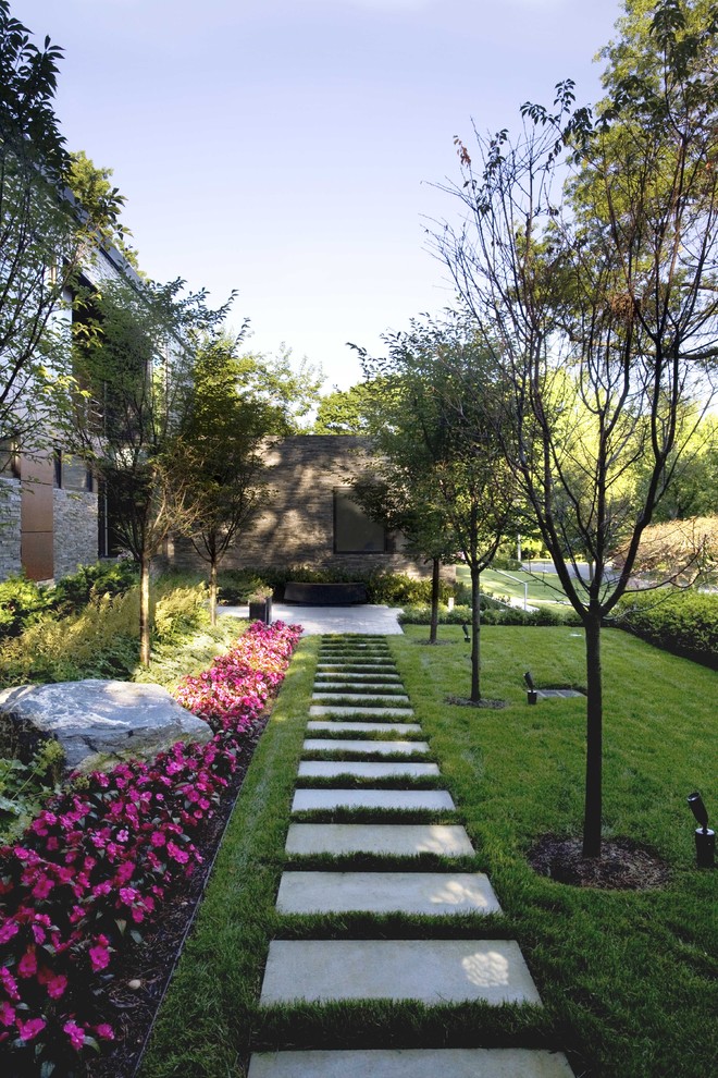 Inspiration för stora klassiska trädgårdar i delvis sol längs med huset, med naturstensplattor
