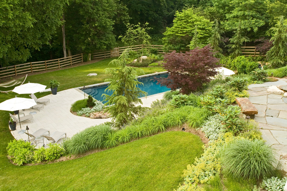 Идея дизайна: участок и сад среднего размера на заднем дворе в стиле рустика с полуденной тенью и мощением тротуарной плиткой