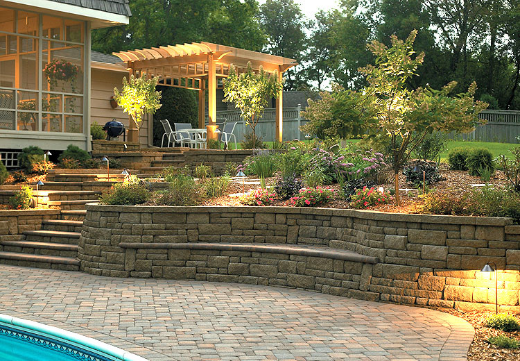 Immagine di un ampio giardino chic esposto a mezz'ombra dietro casa in estate con un muro di contenimento e pavimentazioni in pietra naturale