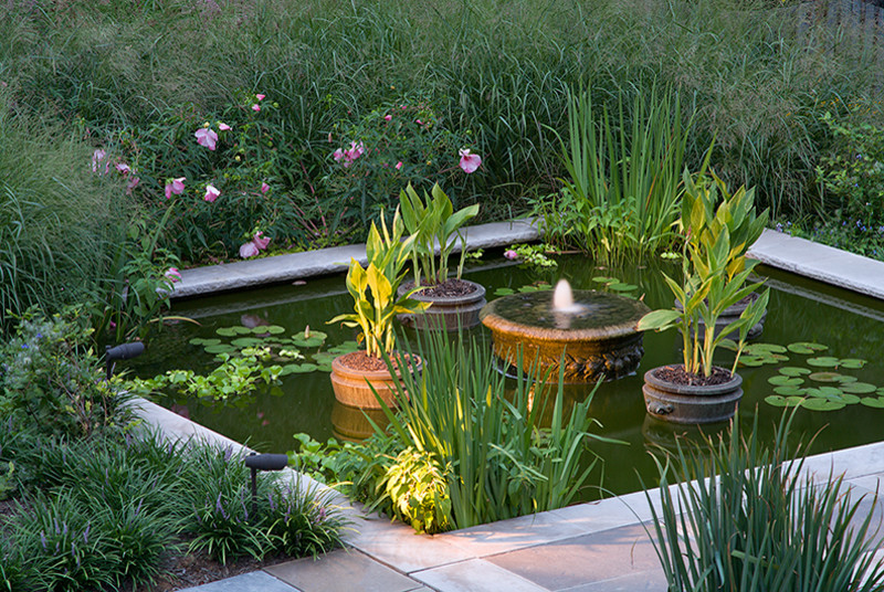 На фото: большой солнечный садовый фонтан на заднем дворе в современном стиле с хорошей освещенностью
