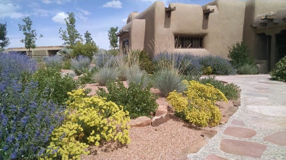 Photo of a southwestern drought-tolerant and full sun front yard gravel garden path in Albuquerque for summer.