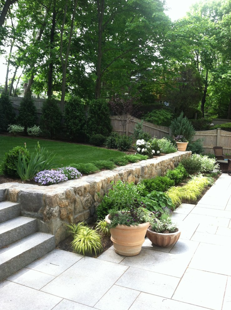 Immagine di un giardino chic esposto in pieno sole di medie dimensioni e dietro casa con un muro di contenimento e pavimentazioni in pietra naturale
