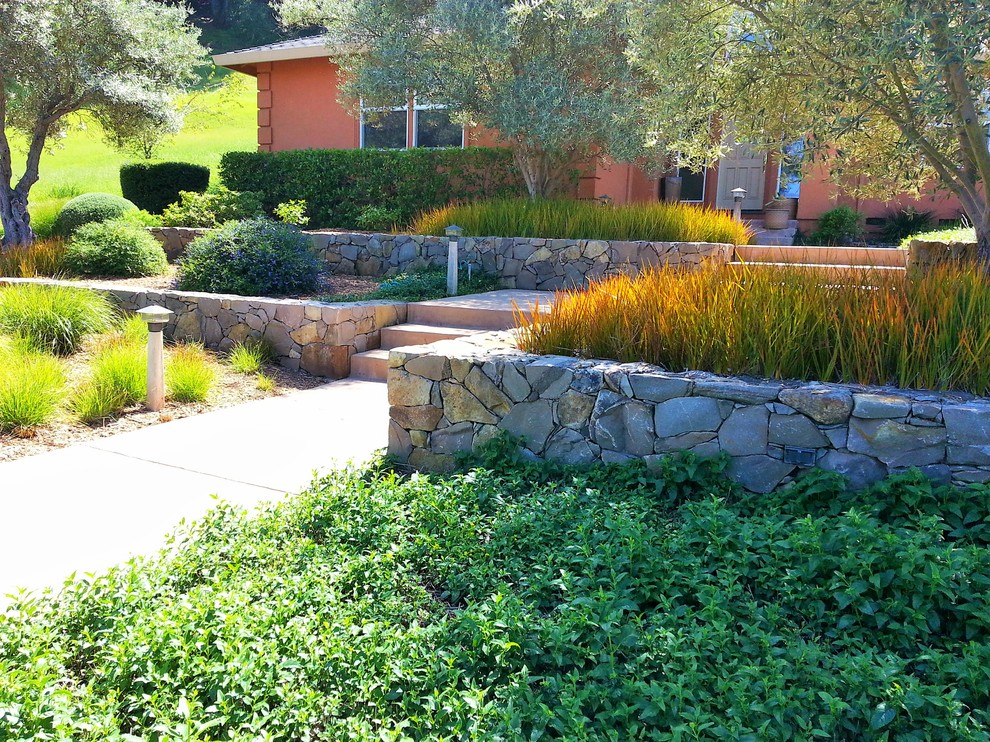 Imagen de jardín contemporáneo grande en verano en patio delantero con exposición parcial al sol, adoquines de piedra natural y muro de contención