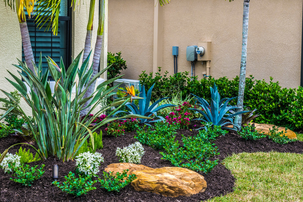 Foto på en mellanstor tropisk trädgård framför huset, med naturstensplattor