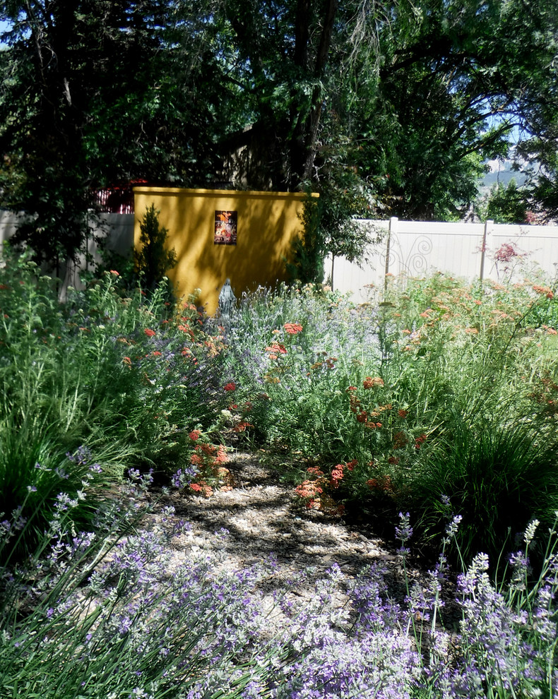 Modelo de jardín de secano ecléctico de tamaño medio en verano en patio trasero con exposición total al sol y gravilla