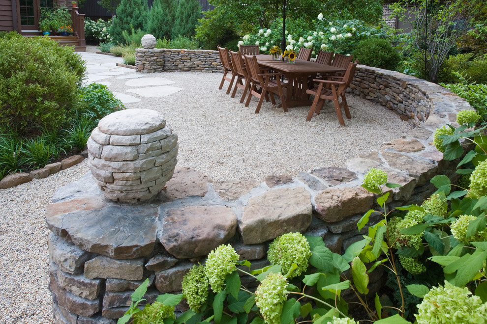 Design ideas for a small rustic shade backyard gravel formal garden in Chicago for summer.