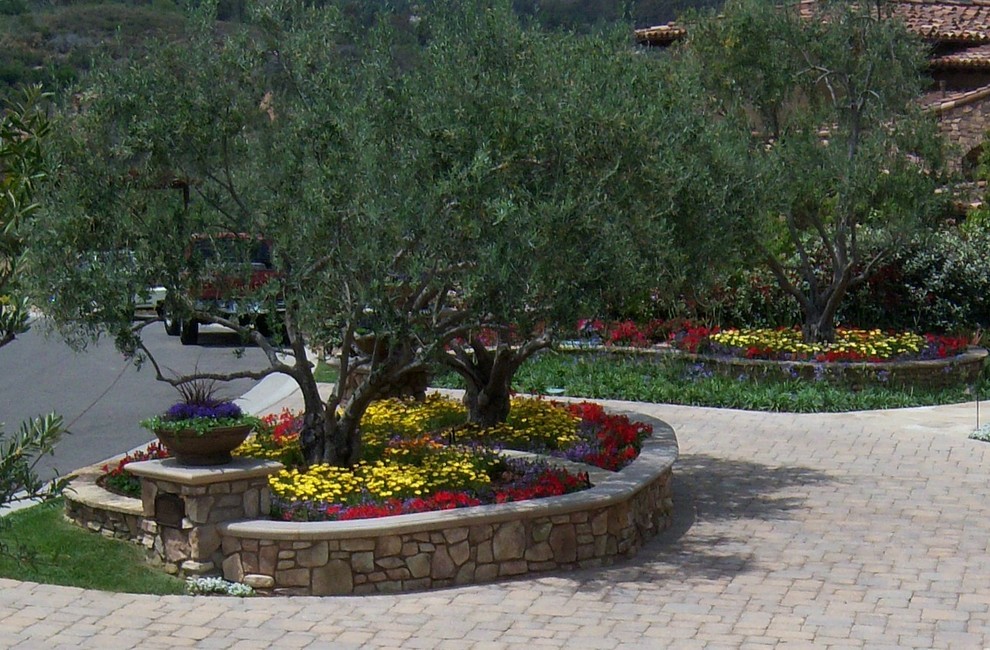 Источник вдохновения для домашнего уюта: большой участок и сад на переднем дворе в средиземноморском стиле с подъездной дорогой