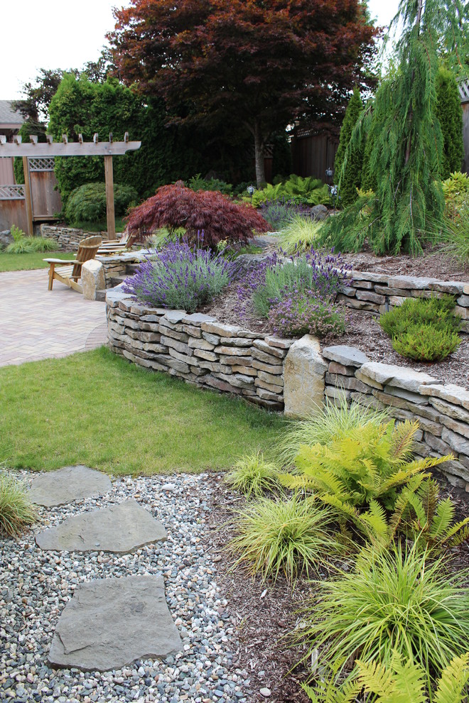 Inspiration for a mid-sized contemporary partial sun backyard concrete paver retaining wall landscape in Vancouver.