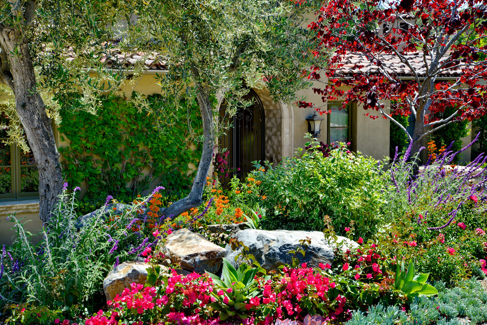 Ispirazione per un giardino formale mediterraneo esposto in pieno sole davanti casa e di medie dimensioni in primavera con un ingresso o sentiero e pavimentazioni in cemento