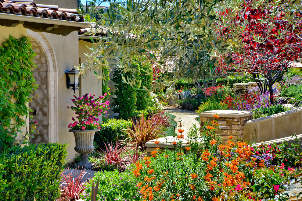 Imagen de camino de jardín mediterráneo extra grande en primavera en patio trasero con jardín francés, exposición total al sol y adoquines de hormigón