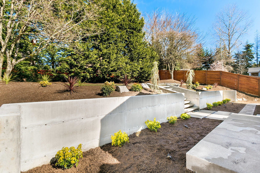 Esempio di un grande giardino xeriscape moderno dietro casa con un muro di contenimento e pavimentazioni in cemento