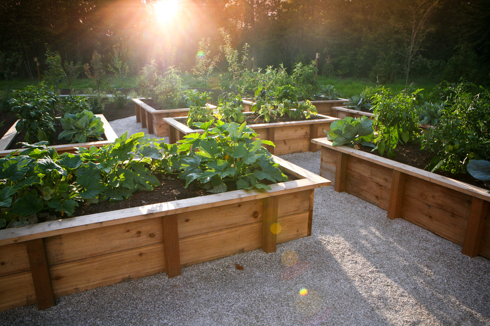 Design ideas for a farmhouse full sun vegetable garden landscape in Portland.