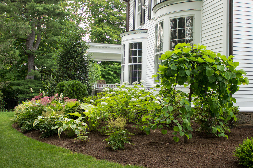 Imagen de jardín clásico extra grande en verano en patio lateral con exposición parcial al sol y mantillo