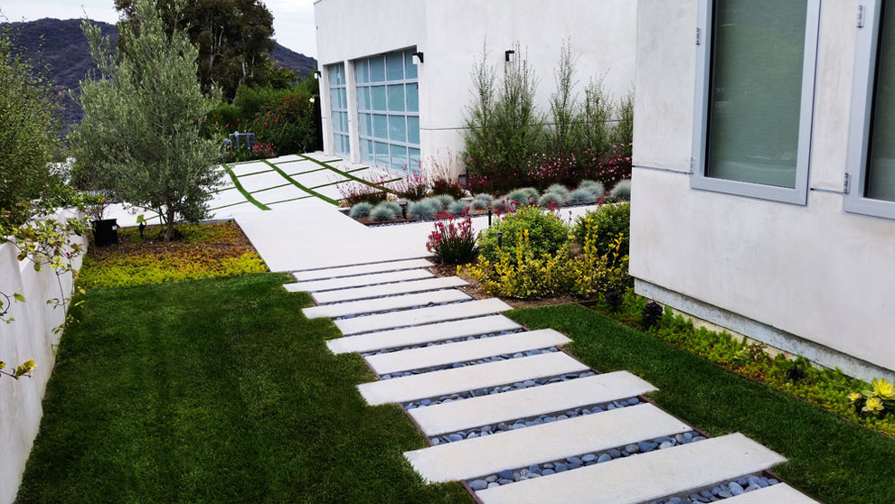 This is an example of a mid-sized modern full sun front yard concrete paver landscaping in Los Angeles for summer.