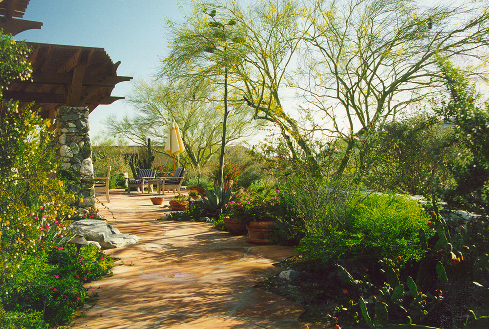 Immagine di un ampio giardino xeriscape tradizionale esposto a mezz'ombra davanti casa in primavera con un ingresso o sentiero