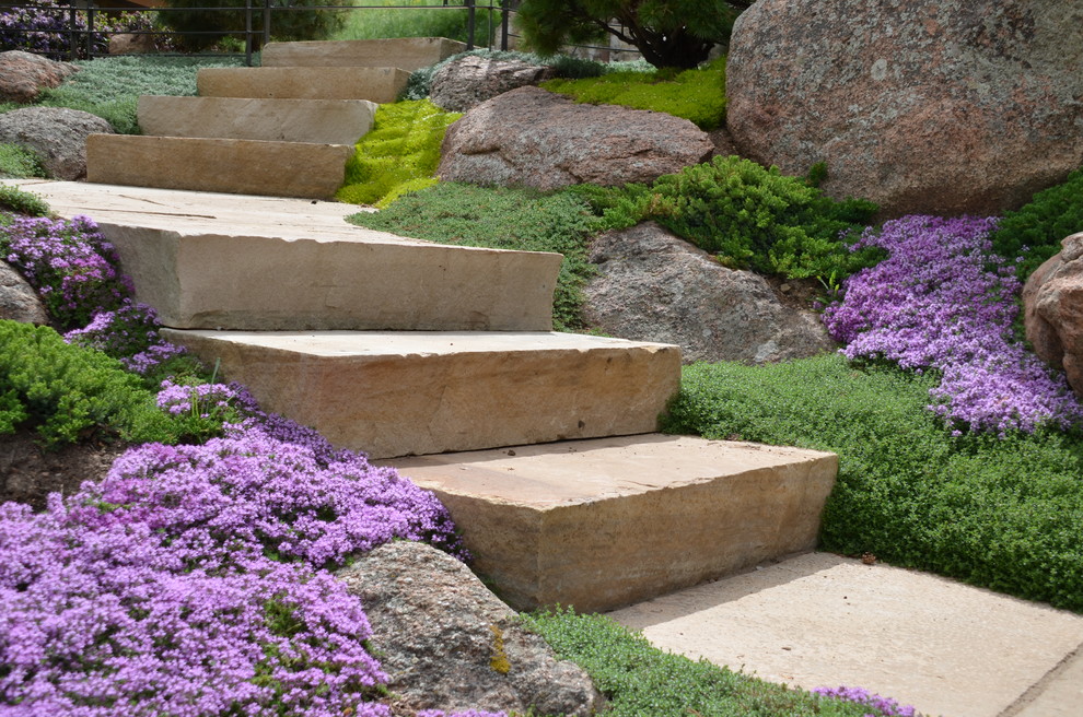 Foto di un ampio giardino formale minimal esposto in pieno sole con un ingresso o sentiero, pavimentazioni in pietra naturale e un pendio, una collina o una riva