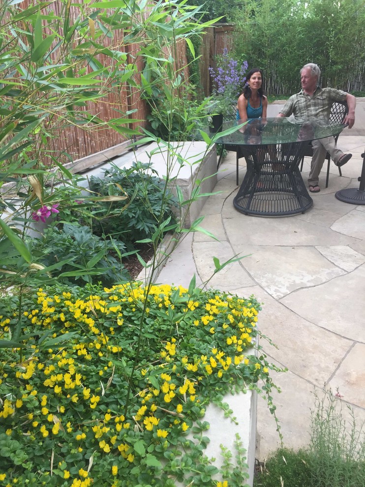 Ispirazione per un piccolo giardino formale etnico esposto a mezz'ombra dietro casa in estate con un giardino in vaso e pavimentazioni in pietra naturale
