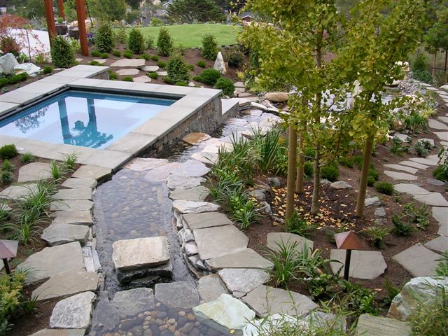 Diseño de jardín de estilo zen grande en verano en patio trasero con fuente, exposición total al sol y adoquines de piedra natural