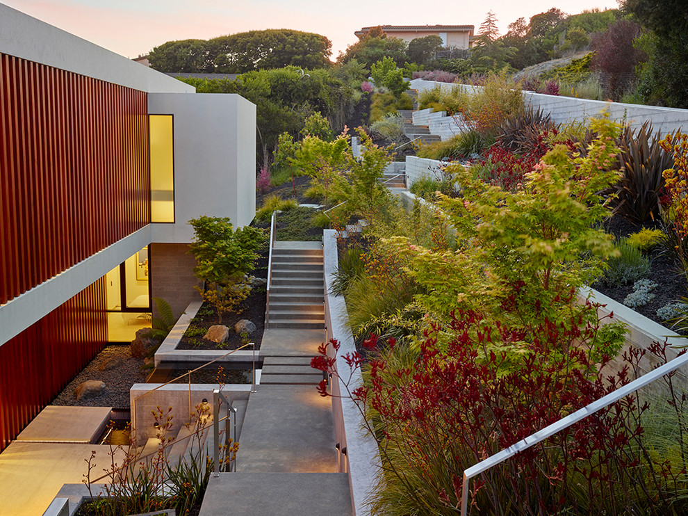Foto di un grande giardino minimalista davanti casa con un muro di contenimento