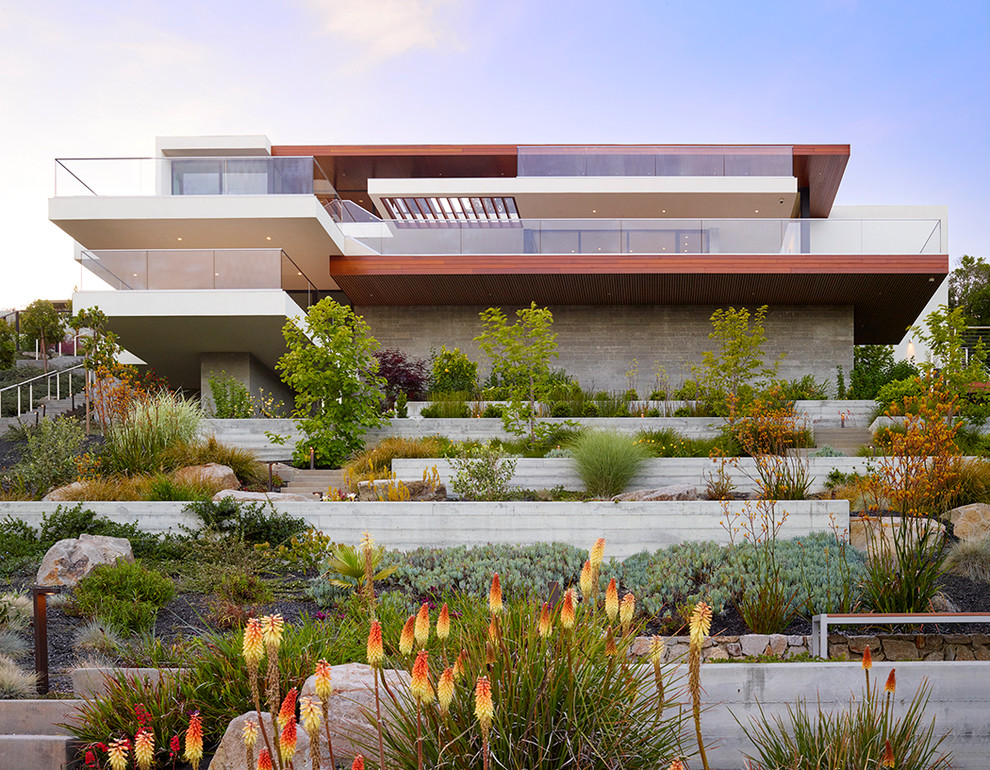 Diseño de jardín de secano minimalista grande en patio trasero con muro de contención y entablado
