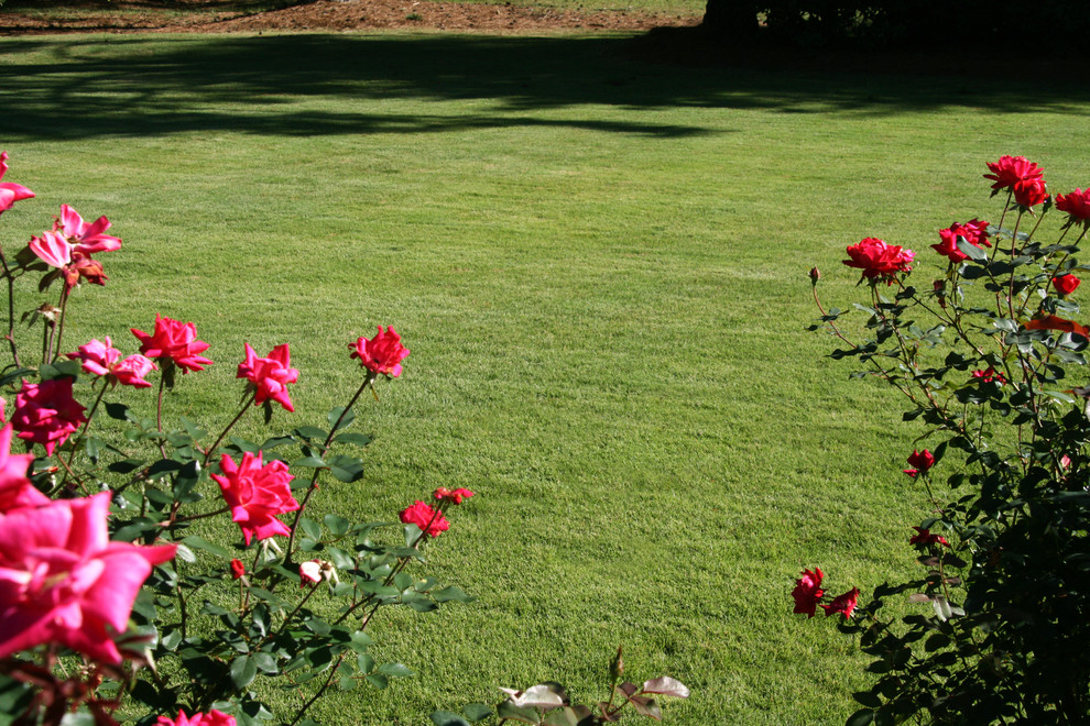 Exempel på en mycket stor klassisk trädgård i full sol framför huset