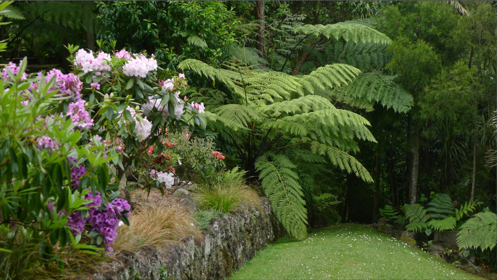 Aménagement d'un grand jardin asiatique au printemps avec un mur de soutènement, une exposition ensoleillée et une pente, une colline ou un talus.