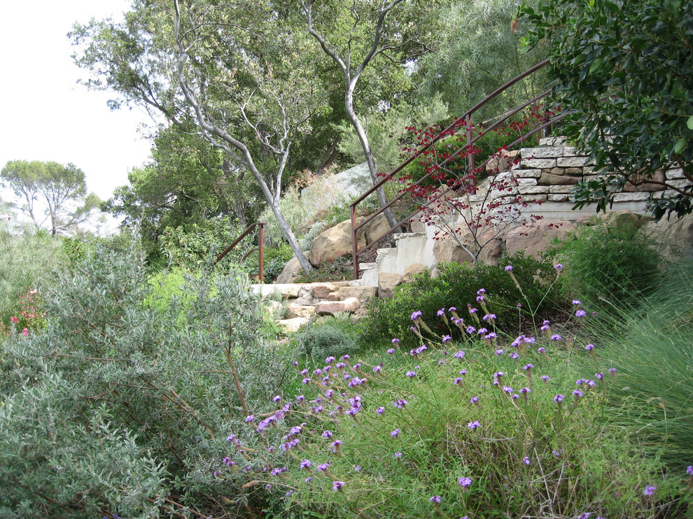 Geometrischer, Mittelgroßer, Halbschattiger Mediterraner Gartenweg im Sommer, hinter dem Haus mit Natursteinplatten in Los Angeles