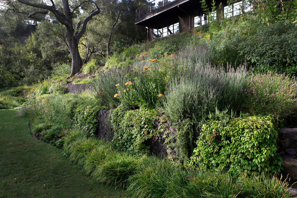 Modelo de jardín rústico de tamaño medio en primavera en patio con muro de contención, exposición reducida al sol, adoquines de piedra natural y jardín francés