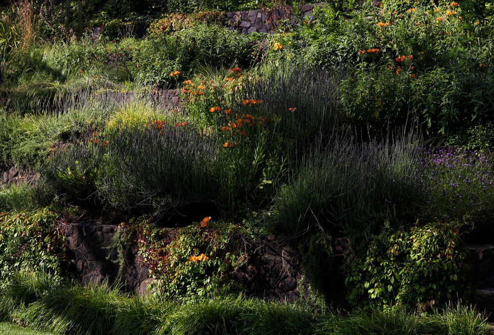 Cette photo montre un jardin montagne de taille moyenne et au printemps avec un mur de soutènement, une exposition ombragée et des pavés en pierre naturelle.