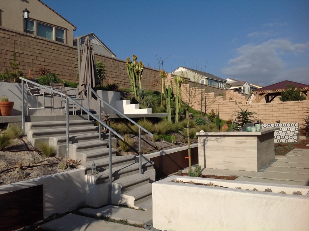 Großer, Halbschattiger Moderner Garten im Sommer, hinter dem Haus mit Kübelpflanzen und Betonboden in San Diego