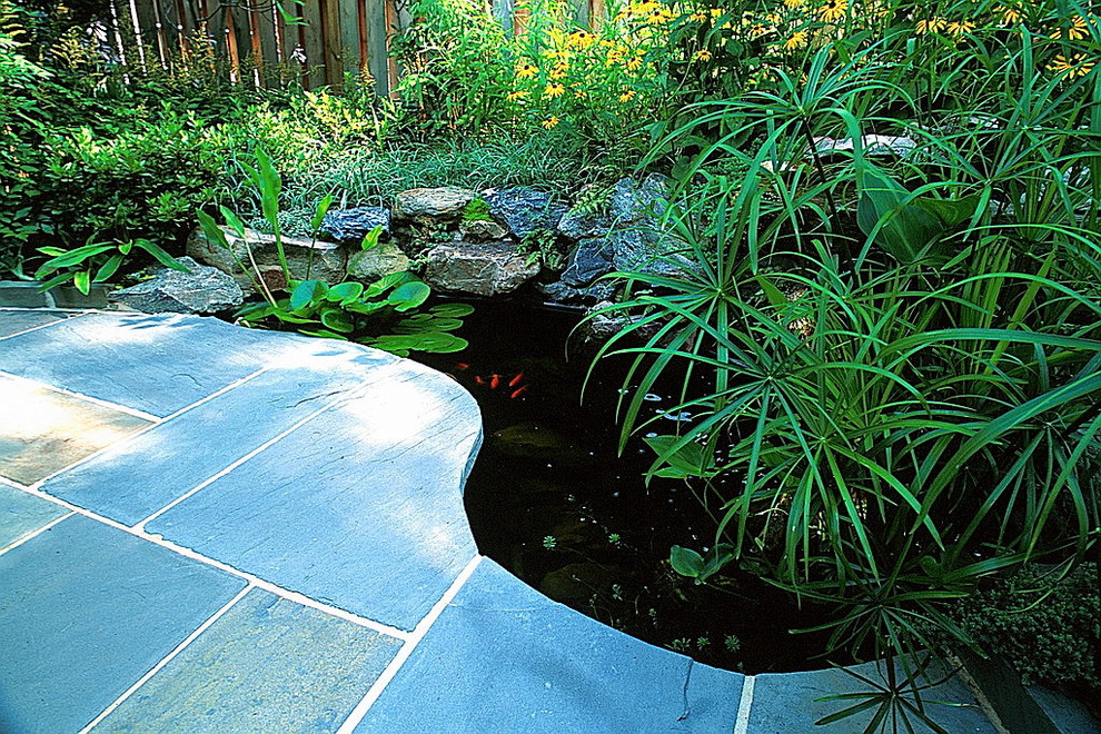 Foto de jardín clásico renovado pequeño en verano en patio trasero con fuente, exposición parcial al sol y adoquines de piedra natural