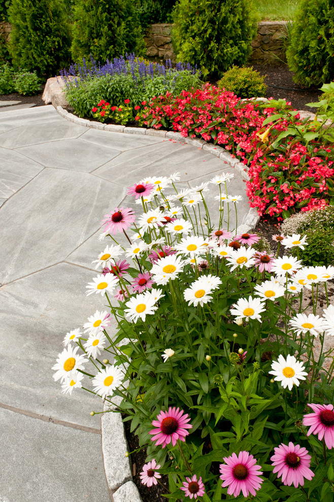Idée de décoration pour un jardin tradition l'été avec une exposition ensoleillée et un massif de fleurs.