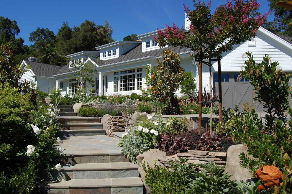 Classic front garden steps in San Francisco with natural stone paving.