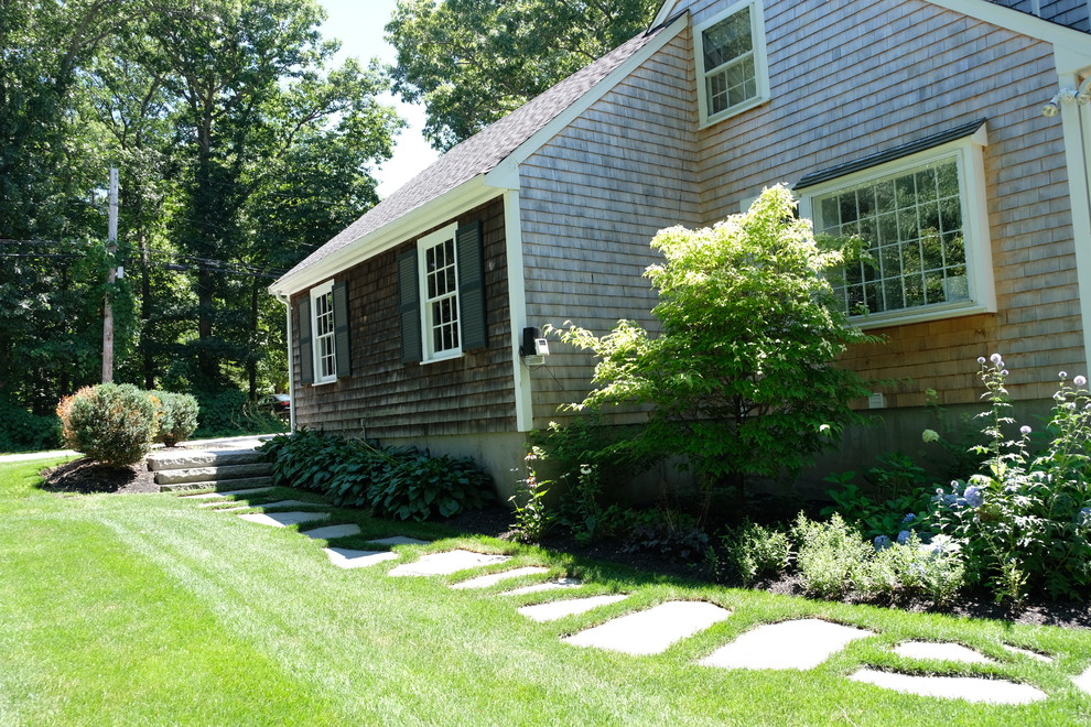 Inspiration for a medium sized classic back xeriscape full sun garden for summer in Boston with a garden path and brick paving.