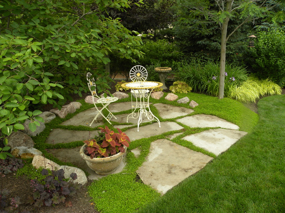 シカゴにあるお手頃価格の小さな、夏のトラディショナルスタイルのおしゃれな裏庭 (庭への小道、日陰、天然石敷き) の写真