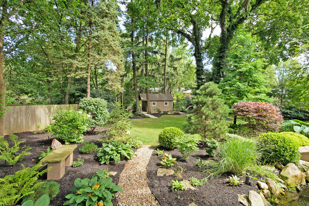 Ejemplo de jardín tradicional renovado en patio trasero con fuente