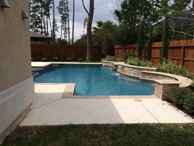 Travertine Pool With Raised Beam Wall Traditional Pool Houston By Great Escapes Custom