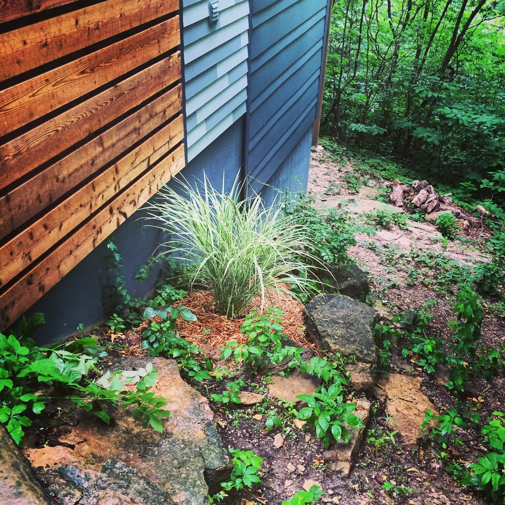 Inspiration for a rustic sloped xeriscape fully shaded garden in Kansas City.