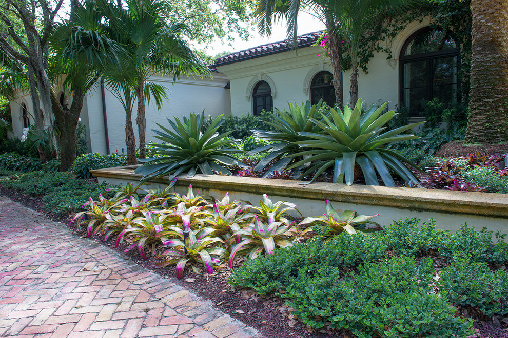 Inspiration for a huge tropical partial sun front yard brick driveway in Miami.