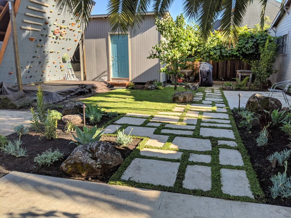 Esempio di un giardino xeriscape design esposto a mezz'ombra di medie dimensioni e dietro casa in estate con sassi e rocce e pavimentazioni in cemento