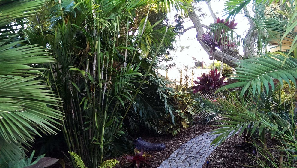 Idéer för att renovera en stor tropisk bakgård i delvis sol, med naturstensplattor