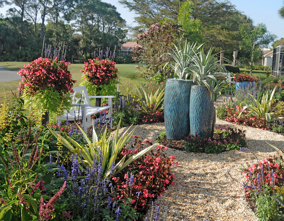Immagine di un giardino tropicale esposto in pieno sole di medie dimensioni e dietro casa con un giardino in vaso e ghiaia