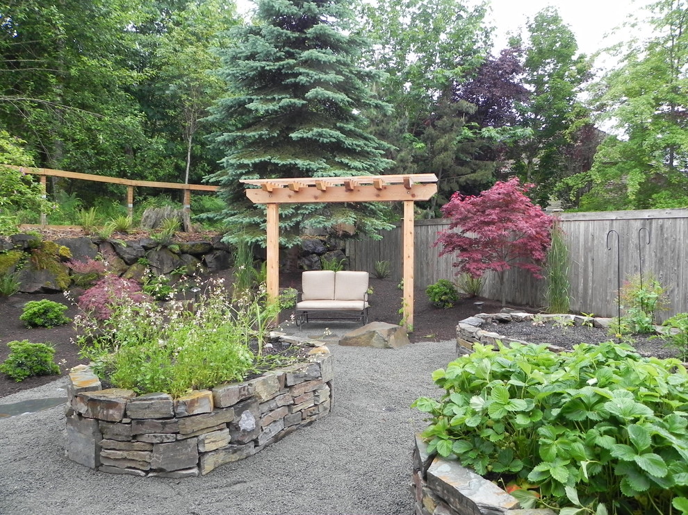 This is an example of a mid-sized eclectic full sun backyard gravel vegetable garden landscape in Seattle.