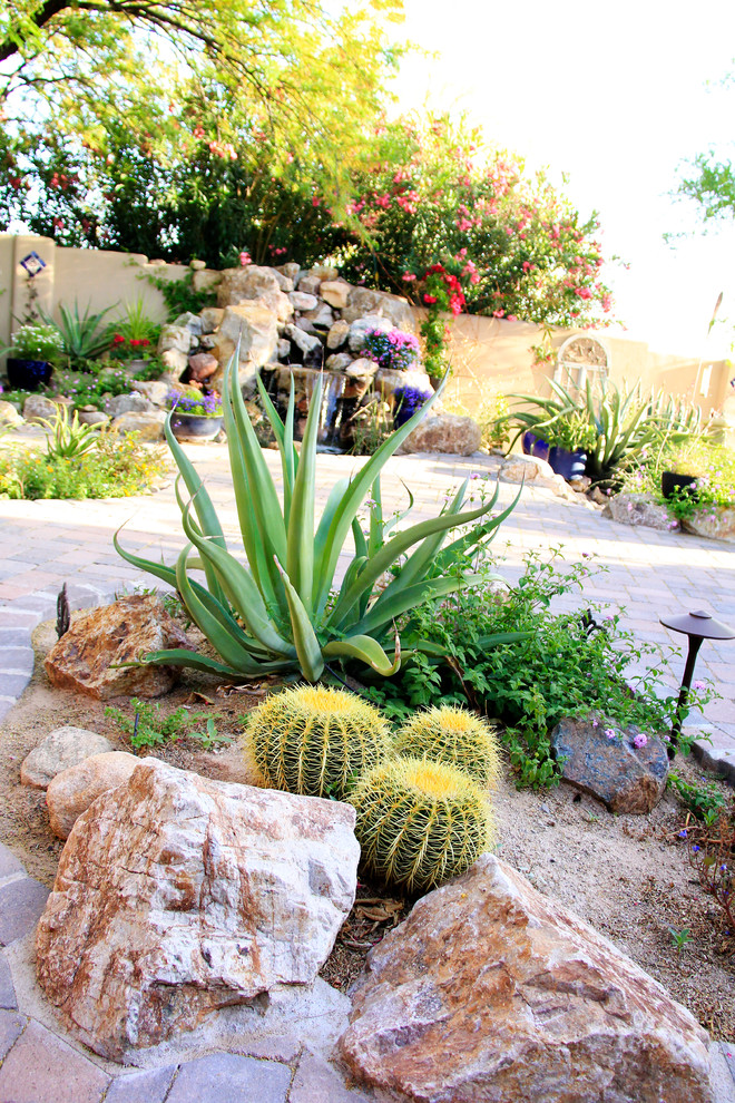 Mittelgroßer, Halbschattiger Mediterraner Garten im Sommer, hinter dem Haus mit Pflastersteinen und Wüstengarten in Phoenix
