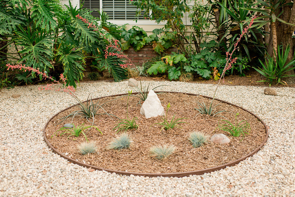 Immagine di un giardino xeriscape design esposto a mezz'ombra di medie dimensioni e davanti casa in estate con ghiaia