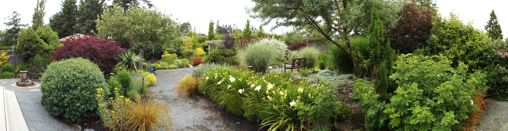 Immagine di un ampio giardino xeriscape mediterraneo esposto in pieno sole dietro casa con ghiaia